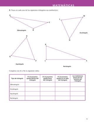 MATEMÁTICASMATEMÁTICAS
75
2. Traza en cada uno de los siguientes triángulos sus mediatrices:
Completa con Sí o No la siguiente tabla:
A
B
C
Obtusángulo
L
M
N
Acutángulo
Q
O
P
Equiángulo
R
ST
Rectángulo
Tipo de triángulo
El circuncentro
queda dentro del
triángulo
El circuncentro
queda fuera
del triángulo
El circuncentro
queda en un lado
del triángulo
Las mediatrices
pasan por los
vértices del
triángulo
Obtusángulo
Acutángulo
Equiángulo
Rectángulo
 