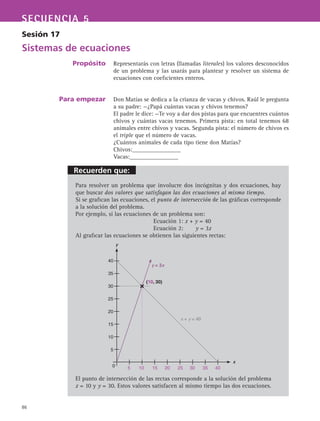 86
Recuerden que:
SECUENCIA 5
Sesión 17
Sistemas de ecuaciones
Propósito
Para empezar
Representarás con letras (llamadas literales) los valores desconocidos
de un problema y las usarás para plantear y resolver un sistema de
ecuaciones con coeficientes enteros.
Don Matías se dedica a la crianza de vacas y chivos. Raúl le pregunta
a su padre: —¿Papá cuántas vacas y chivos tenemos?
El padre le dice: —Te voy a dar dos pistas para que encuentres cuántos
chivos y cuántas vacas tenemos. Primera pista: en total tenemos 68
animales entre chivos y vacas. Segunda pista: el número de chivos es
el triple que el número de vacas.
¿Cuántos animales de cada tipo tiene don Matías?
Chivos:________________
Vacas:________________
Para resolver un problema que involucre dos incógnitas y dos ecuaciones, hay
que buscar dos valores que satisfagan las dos ecuaciones al mismo tiempo.
Si se grafican las ecuaciones, el punto de intersección de las gráficas corresponde
a la solución del problema.
Por ejemplo, si las ecuaciones de un problema son:
Ecuación 1: x + y = 40
Ecuación 2: 	 y = 3x
Al graficar las ecuaciones se obtienen las siguientes rectas:
El punto de intersección de las rectas corresponde a la solución del problema
x = 10 y y = 30. Estos valores satisfacen al mismo tiempo las dos ecuaciones.
40
35
30
25
20
15
10
5
	 5	 10	 15	 20	 25	 30	 35	 400
y = 3x
(10, 30)
x + y = 40
x
y
 
