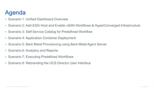 © 2016 Cisco and/or its affiliates. All rights reserved. Cisco Confidential 5
Agenda
• Scenario 1: Unified Dashboard Overview
• Scenario 2: Add ESXi Host and Enable vSAN Workflows & HyperConverged Infrastructure
• Scenario 3: Self-Service Catalog for Predefined Workflow
• Scenario 4: Application Container Deployment
• Scenario 5: Bare Metal Provisioning using Bare Metal Agent Server
• Scenario 6: Analytics and Reports
• Scenario 7: Executing Predefined Workflows
• Scenario 8: Rebranding the UCS Director User Interface
 