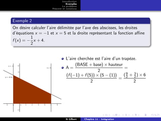 Introduction
                               Exemples
                            Le problème
                     Résumé et notations




Exemple 2
On désire calculer l’aire délimitée par l’axe des abscisses, les droites
d’équations x = −1 et x = 5 et la droite représentant la fonction aﬃne
         1
f (x) = − x + 4.
         2


                               L’aire cherchée est l’aire d’un trapèze.
                                     (BASE + base) × hauteur
                               A=                                =
                                                 2
                               (f (−1) + f (5)) × (5 − (1))     (9 + 3) × 6
                                                             = 2 2
                                             2                       2




                               N Gilbert   Chapitre 11 : Intégration
 