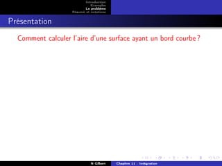 Introduction
                             Exemples
                          Le problème
                   Résumé et notations


Présentation
  Comment calculer l’aire d’une surface ayant un bord courbe ?




                             N Gilbert   Chapitre 11 : Intégration
 