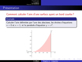 Introduction
                                  Exemples
                               Le problème
                        Résumé et notations


Présentation
  Comment calculer l’aire d’une surface ayant un bord courbe ?
  Exemple
  Calculer l’aire délimitée par l’axe des abscisses, les droites d’équations
  x = 0 et x = 1, et la parabole d’équation y = x 2 .




                                  N Gilbert   Chapitre 11 : Intégration
 