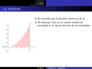 Introduction
                       Exemples
                    Le problème
             Résumé et notations


La méthode

                       On travaille avec la fonction carrée sur [0; 1].
                       On découpe l’aire en un certain nombre de
                       rectangles et on ajoute les aires de ces rectangles.




                       N Gilbert   Chapitre 11 : Intégration
 