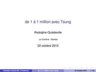 de 1 à 1 million avec Tsung
Rodolphe Quiédeville
La Cantine - Nantes

22 octobre 2013

Rodolphe Quiédeville (Freelance)

de 1 à 1 million avec Tsung

22 octobre 2013

1 / 53

 