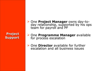 Project Support  One  Project Manager  owns day-to-day relationship, supported by his ops team for payroll and PF One  Programme Manager  available for process escalation One  Director  available for further escalation and all business issues 