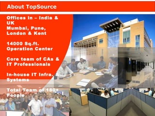 About TopSource Offices in – India & UK Mumbai, Pune, London & Kent 14000 Sq.ft. Operation Center Core team of CAs & IT Professionals In-house IT Infra. & Systems Total Team of 180+ People 