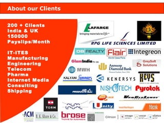 About our Clients 200 + Clients  India & UK 150000 Payslips/Month IT-ITES Manufacturing Engineering Telecom Pharma Internet Media Consulting Shipping 
