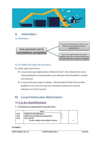 OFPPT-DRIF-CDC GC COMPTABILILITE 2 PAGE30
I) Généralités :
1) Définition :
2) Les différents types de provision :
Il y a deux types de provisions :
Les provisions pour dépréciations d’éléments d’actif : elles traduisent des moins-
values potentielles et conjoncturelles sur les éléments d’actif immobilisé, circulant
et de trésorerie
Les provisions pour risques et charges : elles permettent de faire face aux dettes
probables vis-à-vis des tiers suite aux événements réalisés ou en cours de
réalisation à la fin de l’exercice.
II) Les provisions pour dépréciation :
A) Cas des immobilisations
1) Constitution ou augmentation d’une provision :
Exemple1 :
Une provision est la
constatation comptable
Soit d’une diminution de valeur d’un
élément d’actif (provision pour
dépréciation) .
Soit d’une augmentation du passif
exigible à plus ou au moins long terme
(ex: provision pour risques et charges)
 
