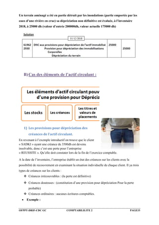 OFPPT-DRIF-CDC GC COMPTABILILITE 2 PAGE33
Un terrain aménagé a été en partie détruit par les inondations (partie emportée par les
eaux d’une rivière en crue) sa dépréciation non définitive est évaluée, à l’inventaire
2018, à 25000 dh (valeur d’entrée 200000dh, valeur actuelle 175000 dh)
B)Cas des éléments de l’actif circulant :
1) Les provisions pour dépréciation des
créances de l’actif circulant.
En revenant à l’exemple introductif on trouve que le client
« SADKI » ayant une créance de 3500dh est devenu
insolvable, donc c’est une perte pour l’entreprise
« REUSSITE ». Qu’elle doit constater lors de la fin de l’exercice comptable.
A la date de l’inventaire, l’entreprise établit un état des créances sur les clients avec la
possibilité de recouvrement en examinant la situation individuelle de chaque client. Il ya trois
types de créances sur les clients :
 Créances irrécouvrables : (la perte est définitive)
 Créances douteuses : (constitution d’une provision pour dépréciation Pour la perte
probable)
 Créances ordinaires : aucunes écritures comptables.
 Exemple :
 