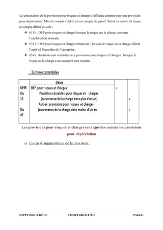 OFPPT-DRIF-CDC GC COMPTABILILITE 2 PAGE41
La constitution de la provision pour risques et charges s’effectue comme pour une provision
pour dépréciation. Mais le compte crédité est un compte de passif. Selon La nature du risque.
le compte débité est soit :
 6195 : DEP pour risques et charges lorsque le risque sur la charge concerne
l’exploitation normale.
 6393 : DEP pour risques et charges financiers : lorsque le risque ou la charge affecte
l’activité financière de l’entreprise.
 6595 : dotations non courantes aux provisions pour risques et charges : lorsque le
risque ou la charge a un caractère non courant.
Les provisions pour risques et charges sont ajustées comme les provisions
pour dépréciation
a) En cas d’augmentation de la provision :
 