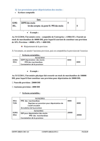 OFPPT-DRIF-CDC GC COMPTABILILITE 2 PAGE49
3) Les provisions pour dépréciation des stocks :
 Ecriture comptable
 Exemple :
Au 31/12/2010, l’inventaire extra – comptable de l’entreprise « AMRANI » Fournit un
stock de marchandises de 40000 DH, pour lequel il convient de constituer une provision
de 10% Provision = 40000 x 10% = 4000 DH.
Réajustement de la provision
À l’inventaire, on annule l’ancienne provision, puis on comptabilise la provision de l’exercice
 Exemple :
Au 31/12/2011, l’inventaire physique fait ressortir un stock de marchandises de 100000
DH, pour lequel il faut constituer une provision pour dépréciation de 20000 DH.
Nouvelle provision : 20000 DH
Ancienne provision : 4000 DH
 