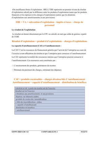 OFPPT-DRIF-CDC GC COMPTABILILITE 2 PAGE72
(Ou insuffisance brute d’exploitation : IBE) L’EBE représente un premier niveau du résultat
d’exploitation calculé par la différence entre les produits d’exploitation (autre que les produits
financiers et les reprises) et les charges d’exploitations (autres que les dotations
d’exploitations aux amortissements et aux provisions)
EBE = VA + subvention d’exploitation – impôts et taxes – charge de
personnel
Le résultat de l’exploitation
Le résultat est donné directement par le CPC ou calculé, en tant que solde de gestion, à partir
de l’EBE
Résultat d’exploitation = produit d d’exploitations – charges d’exploitations
La capacité d’autofinancement (CAF) et l’autofinancement :
La CAF C’est les ressources de financement générée par l’activité de l’entreprise au cours de
l’exercice avant affectation du résultat et que l’entreprise peut consacrer à l’autofinancement
La CAF représente la totalité des ressources internes que l’entreprise pourrait consacrer à
l’autofinancement. Ces ressources sont constituées par :
L’encaissement des produits, générateurs de recettes
Diminués du paiement des charges, entrainant des dépenses
CAF = produits encaissables – charges décaissa blés L’autofinancement
Autofinancement = capacité d’autofinancement – distribution de bénéfices
 