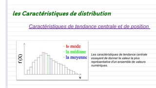 les Caractéristiques de distribution
Caractéristiques de tendance centrale et de position
Les caractéristiques de tendance centrale
essayent de donner la valeur la plus
représentative d'un ensemble de valeurs
numériques.
 