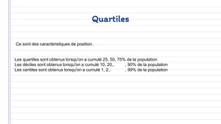 Quartiles
Ce sont des caractéristiques de position.
Les quartiles sont obtenus lorsqu'on a cumulé 25, 50, 75% de la population
Les déciles sont obtenus lorsqu'on a cumulé 10, 20,. , 90% de la population
Les centiles sont obtenus lorsqu'on a cumulé 1, 2,. , 99% de la population
 