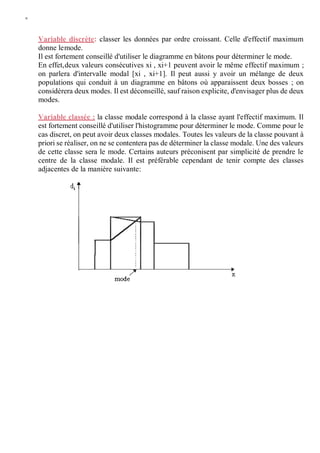 W
Variable discrète: classer les données par ordre croissant. Celle d'effectif maximum
donne lemode.
Il est fortement conseillé d'utiliser le diagramme en bâtons pour déterminer le mode.
En effet,deux valeurs consécutives xi , xi+1 peuvent avoir le même effectif maximum ;
on parlera d'intervalle modal [xi , xi+1]. Il peut aussi y avoir un mélange de deux
populations qui conduit à un diagramme en bâtons où apparaissent deux bosses ; on
considérera deux modes. Il est déconseillé, sauf raison explicite, d'envisager plus de deux
modes.
Variable classée : la classe modale correspond à la classe ayant l'effectif maximum. Il
est fortement conseillé d'utiliser l'histogramme pour déterminer le mode. Comme pour le
cas discret, on peut avoir deux classes modales. Toutes les valeurs de la classe pouvant à
priori se réaliser, on ne se contentera pas de déterminer la classe modale. Une des valeurs
de cette classe sera le mode. Certains auteurs préconisent par simplicité de prendre le
centre de la classe modale. Il est préférable cependant de tenir compte des classes
adjacentes de la manière suivante:
 