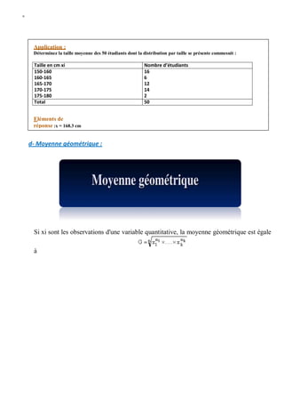 W
Application :
Déterminez la taille moyenne des 50 étudiants dont la distribution par taille se présente commesuit :
Eléments de
réponse :x = 168.3 cm
Taille en cm xi Nombre d’étudiants
150-160 16
160-165 6
165-170 12
170-175 14
175-180 2
Total 50
d- Moyenne géométrique :
Si xi sont les observations d'une variable quantitative, la moyenne géométrique est égale
à
 