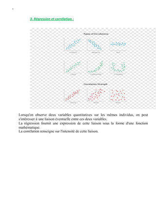 W
3- Régression et corrélation :
Lorsqu'on observe deux variables quantitatives sur les mêmes individus, on peut
s'intéresser à une liaison éventuelle entre ces deux variables.
La régression fournit une expression de cette liaison sous la forme d'une fonction
mathématique.
La corrélation renseigne sur l'intensité de cette liaison.
 
