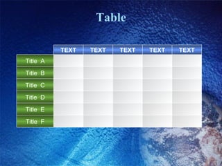Table Title  D Title  C Title  F Title  E Title  B Title  A TEXT TEXT TEXT TEXT TEXT 