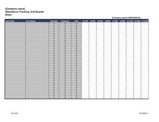[Company name]
Attendance Tracking, 2nd Quarter
[Date]
                                                                                                    [Company name] CONFIDENTIAL
Last Name        First Name        Vacation   Personal   Sick   4/1/05   4/4/05   4/5/05   4/6/05   4/7/05   4/8/05   4/11/05 4/12/05 4/13/05
                                      0          0        0
                                      0          0        0
                                      0          0        0
                                      0          0        0
                                      0          0        0
                                      0          0        0
                                      0          0        0
                                      0          0        0
                                      0          0        0
                                      0          0        0
                                      0          0        0
                                      0          0        0
                                      0          0        0
                                      0          0        0
                                      0          0        0
                                      0          0        0
                                      0          0        0
                                      0          0        0
                                      0          0        0
                                      0          0        0
                                      0          0        0
                                      0          0        0
                                      0          0        0
                                      0          0        0
                                      0          0        0
                                      0          0        0
                                      0          0        0
                                      0          0        0
                                      0          0        0
                                      0          0        0
                                      0          0        0




     10 of 31                                                                                                                      7/13/2011
 