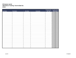 [Company name]
Attendance Tracking, Year-to-Date Summary
[Date]
               [Company name] CONFIDENTIAL
                                                                    Vacation Days Vacation Days
Last Name           First Name               Hire Date   Comments     per Year     Remaining
                                                                                        0
                                                                                        0
                                                                                        0
                                                                                        0
                                                                                        0
                                                                                        0
                                                                                        0
                                                                                        0
                                                                                        0
                                                                                        0
                                                                                        0
                                                                                        0
                                                                                        0
                                                                                        0
                                                                                        0
                                                                                        0
                                                                                        0
                                                                                        0
                                                                                        0
                                                                                        0
                                                                                        0
                                                                                        0
                                                                                        0
                                                                                        0
                                                                                        0
                                                                                        0
                                                                                        0
                                                                                        0
                                                                                        0
                                                                                        0
                                                                                        0




     2 of 31                                                                                      7/13/2011
 