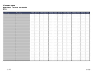 [Company name]
Attendance Tracking, 3rd Quarter
[Date]

Last Name        First Name        9/18/05 9/19/05 9/20/05 9/21/05 9/22/05 9/23/05 9/24/05 9/25/05 9/26/05 9/27/05 9/28/05 9/29/05 9/30/05




     23 of 31                                                                                                                      7/13/2011
 