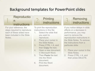 Background templates for PowerPoint slides
        Reproductio
                                      Printing                      Removing
1       n
        instructions
                               2      instructions          3       instructions
For your reference, the       To print the reproduction    If you notice delays in slide
steps required to reproduce   instructions in this file:   effects or a decrease in
each of these slides have     1. Select the slide that     performance, you may
been included in the Slide          you want to            want to remove the
Notes.                              reproduce.             reproduction instructions in
                              2. Place your cursor in      the Slide Notes. To remove
                                    the Slide Notes.       the instructions from a
                              3. Press CTRL + A, and       particular slide:
                                    then Copy the text.
                              4. Open a new document       1. Place your cursor in the
                                    in Microsoft Word.        Slide Notes.
                              5. Then Paste the text       2. Press CTRL + A, and
                                    into the Word             then press DELETE.
                                    document.
                              6. Print the Word
                                    document.
 