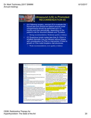 Dr. Mark Tulchinsky (2017 SNMMI
Annual meeting)
6/13/2017
CE88: Radioiodine Therapy for
Hyperthyroidism: The State of the Art 20
Ultrasound (US) is Promoted:
RECOMMENDATION 65
• (A) Following surgery, cervical US to evaluate the
thyroid bed and central and lateral cervical nodal
compartments should be performed at 6–12
months and then periodically, depending on the
patient’s risk for recurrent disease and Tg status.
 Strong recommendation, Moderate-quality evidence
• (C) Suspicious lymph nodes less than 8–10mm in
smallest diameter may be followed without biopsy
with consideration for FNA or intervention if there is
growth or if the node threatens vital structures.
 Weak recommendation, Low-quality evidence
• (A) Following surgery, cervical US to evaluate the
thyroid bed and central and lateral cervical nodal
compartments should be performed at 6–12
months and then periodically, depending on the
patient’s risk for recurrent disease and Tg status.
 Strong recommendation, Moderate-quality evidence
• (C) Suspicious lymph nodes less than 8–10mm in
smallest diameter may be followed without biopsy
with consideration for FNA or intervention if there is
growth or if the node threatens vital structures.
 Weak recommendation, Low-quality evidence
 