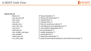 board_init_r()
- board_init /* Setup chipselects */
- set_cpu_clk_info /* Setup clock information */
- initr_nand /* initialize flash */
- initr_mmc /* initialize fmmc */
- console_init_r /* fully init console as a device */
- arch_misc_init /* miscellaneous arch-dependent init */
- misc_init_r /* misc platform-dependent init */
- interrupt_init /*set up exceptions */
- initr_enable_interrupts /* enable exceptions */
- initr_ethaddr /* setup ethernet */
- board_late_init /* board late initialization */
- run_main_loop /* jump to main loop & waiting for commands from console */
U-BOOT Code Flow
 