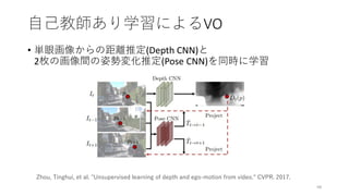 自己教師あり学習によるVO
• 単眼画像からの距離推定(Depth CNN)と
2枚の画像間の姿勢変化推定(Pose CNN)を同時に学習
68
Zhou, Tinghui, et al. "Unsupervised learning of d...
