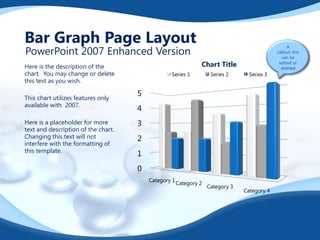 Bar Graph Page Layout
PowerPoint 2007 Enhanced Version

Chart Title

Here is the description of the
chart. You may change or delete
this text as you wish.
This chart utilizes features only
available with 2007.
Here is a placeholder for more
text and description of the chart.
Changing this text will not
interfere with the formatting of
this template.

Series 1

Series 2

Series 3

5
4
3
2

1
0
Category 1

Category 2

Category 3

Category 4

A
callout, this
can be
edited or
deleted

 