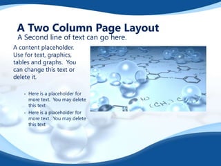 A Two Column Page Layout
A Second line of text can go here.

A content placeholder.
Use for text, graphics,
tables and graphs. You
can change this text or
delete it.
•

•

Here is a placeholder for
more text. You may delete
this text
Here is a placeholder for
more text. You may delete
this text

 