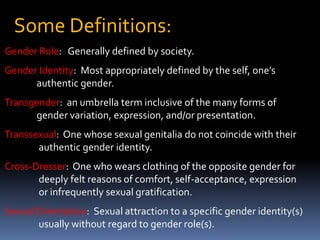 More Definitions:
Transvestite: a.k.a. a Cross-dresser.
Transition: the timeframe during which an individual
        moves...