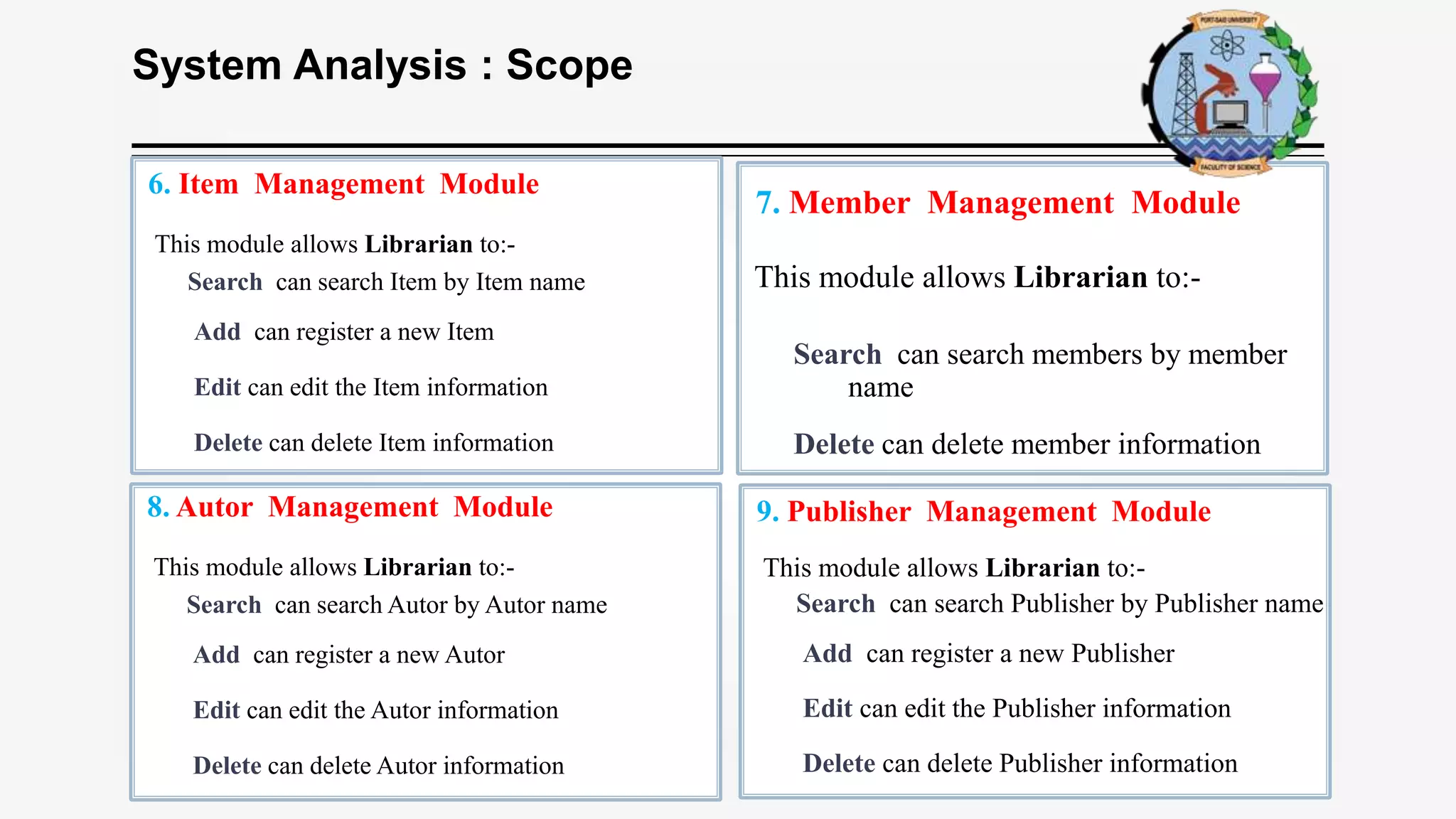 System Analysis : Scope
7. Member Management Module
This module allows Librarian to:-
Search can search members by member
name
Delete can delete member information
8. Autor Management Module
This module allows Librarian to:-
Search can search Autor by Autor name
Add can register a new Autor
Edit can edit the Autor information
Delete can delete Autor information
9. Publisher Management Module
This module allows Librarian to:-
Search can search Publisher by Publisher name
Add can register a new Publisher
Edit can edit the Publisher information
Delete can delete Publisher information
6. Item Management Module
This module allows Librarian to:-
Search can search Item by Item name
Add can register a new Item
Edit can edit the Item information
Delete can delete Item information
 