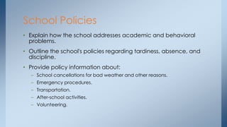 • Explain how the school addresses academic and behavioral
problems.
• Outline the school's policies regarding tardiness, absence, and
discipline.
• Provide policy information about:
– School cancellations for bad weather and other reasons.
– Emergency procedures.
– Transportation.
– After-school activities.
– Volunteering.
School Policies
 