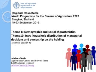 Regional Roundtable
World Programme for the Census of Agriculture 2020
Bangkok, Thailand
19-23 September 2016
Theme 8: Demographic and social characteristics
Theme10: Intra-household distribution of managerial
decisions and ownership on the holding
Technical Session 10
Adriana Neciu
Agricultural Census and Survey Team
FAO Statistics Division
Adriana.Neciu@fao.org
1
 