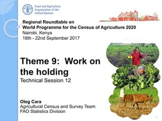 Regional Roundtable on
World Programme for the Census of Agriculture 2020
Nairobi, Kenya
18th - 22nd September 2017
Oleg Cara
Agricultural Census and Survey Team
FAO Statistics Division
Theme 9: Work on
the holding
Technical Session 12
1
 