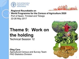 Regional Roundtable on
World Programme for the Census of Agriculture 2020
Port of Spain, Trinidad and Tobago
22-26 May 2017
Oleg Cara
Agricultural Census and Survey Team
FAO Statistics Division
Theme 9: Work on
the holding
Technical Session 12
1
 