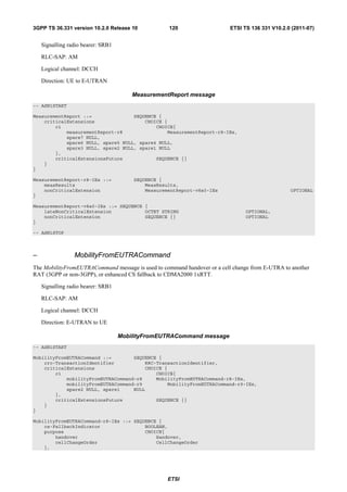 3GPP TS 36.331 version 10.2.0 Release 10            120                   ETSI TS 136 331 V10.2.0 (2011-07)


    Signalling radio bearer: SRB1

    RLC-SAP: AM

    Logical channel: DCCH

    Direction: UE to E-UTRAN

                                        MeasurementReport message
-- ASN1START

MeasurementReport ::=               SEQUENCE {
    criticalExtensions                  CHOICE {
        c1                                  CHOICE{
            measurementReport-r8                MeasurementReport-r8-IEs,
            spare7 NULL,
            spare6 NULL, spare5 NULL, spare4 NULL,
            spare3 NULL, spare2 NULL, spare1 NULL
        },
        criticalExtensionsFuture            SEQUENCE {}
    }
}

MeasurementReport-r8-IEs ::=            SEQUENCE {
    measResults                             MeasResults,
    nonCriticalExtension                    MeasurementReport-v8a0-IEs                           OPTIONAL
}

MeasurementReport-v8a0-IEs ::= SEQUENCE {
    lateNonCriticalExtension            OCTET STRING                            OPTIONAL,
    nonCriticalExtension                SEQUENCE {}                             OPTIONAL
}

-- ASN1STOP



–                MobilityFromEUTRACommand
The MobilityFromEUTRACommand message is used to command handover or a cell change from E-UTRA to another
RAT (3GPP or non-3GPP), or enhanced CS fallback to CDMA2000 1xRTT.

    Signalling radio bearer: SRB1

    RLC-SAP: AM

    Logical channel: DCCH

    Direction: E-UTRAN to UE

                                    MobilityFromEUTRACommand message
-- ASN1START

MobilityFromEUTRACommand ::=        SEQUENCE {
    rrc-TransactionIdentifier           RRC-TransactionIdentifier,
    criticalExtensions                  CHOICE {
        c1                                  CHOICE{
            mobilityFromEUTRACommand-r8     MobilityFromEUTRACommand-r8-IEs,
            mobilityFromEUTRACommand-r9         MobilityFromEUTRACommand-r9-IEs,
            spare2 NULL, spare1     NULL
        },
        criticalExtensionsFuture            SEQUENCE {}
    }
}

MobilityFromEUTRACommand-r8-IEs ::= SEQUENCE {
    cs-FallbackIndicator                BOOLEAN,
    purpose                             CHOICE{
        handover                            Handover,
        cellChangeOrder                     CellChangeOrder
    },




                                                    ETSI
 