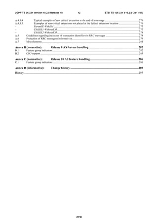 3GPP TS 36.331 version 10.2.0 Release 10                                             12                                    ETSI TS 136 331 V10.2.0 (2011-07)


A.4.3.4              Typical examples of non critical extension at the end of a message ................................................... 276
A.4.3.5              Examples of non-critical extensions not placed at the default extension location .............................. 276
–                    ParentIE-WithEM ............................................................................................................................... 277
–                    ChildIE1-WithoutEM .......................................................................................................................... 277
–                    ChildIE2-WithoutEM .......................................................................................................................... 278
A.5           Guidelines regarding inclusion of transaction identifiers in RRC messages .................................................. 278
A.6           Protection of RRC messages (informative) .................................................................................................... 279
A.7           Miscellaneous ................................................................................................................................................. 281

Annex B (normative):                            Release 8 AS feature handling ....................................................................282
B.1           Feature group indicators ................................................................................................................................. 282
B.2           CSG support ................................................................................................................................................... 285

Annex C (normative):                            Release 10 AS feature handling ..................................................................286
C.1           Feature group indicators ................................................................................................................................. 286

Annex D (informative):                          Change history .............................................................................................289
History ............................................................................................................................................................297




                                                                                   ETSI
 