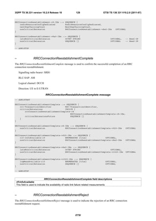 3GPP TS 36.331 version 10.2.0 Release 10                 129                      ETSI TS 136 331 V10.2.0 (2011-07)



RRCConnectionReestablishment-r8-IEs ::= SEQUENCE {
    radioResourceConfigDedicated        RadioResourceConfigDedicated,
    nextHopChainingCount                NextHopChainingCount,
    nonCriticalExtension                RRCConnectionReestablishment-v8a0-IEs                 OPTIONAL
}

RRCConnectionReestablishment-v8a0-IEs ::= SEQUENCE {
    lateNonCriticalExtension            OCTET STRING                                     OPTIONAL,   -- Need OP
    nonCriticalExtension                SEQUENCE {}                                      OPTIONAL    -- Need OP
}

-- ASN1STOP



–                RRCConnectionReestablishmentComplete
The RRCConnectionReestablishmentComplete message is used to confirm the successful completion of an RRC
connection reestablishment.

    Signalling radio bearer: SRB1

    RLC-SAP: AM

    Logical channel: DCCH

    Direction: UE to E-UTRAN

                            RRCConnectionReestablishmentComplete message
-- ASN1START

RRCConnectionReestablishmentComplete ::= SEQUENCE {
    rrc-TransactionIdentifier           RRC-TransactionIdentifier,
    criticalExtensions                  CHOICE {
        rrcConnectionReestablishmentComplete-r8
                                            RRCConnectionReestablishmentComplete-r8-IEs,
        criticalExtensionsFuture            SEQUENCE {}
    }
}

RRCConnectionReestablishmentComplete-r8-IEs ::= SEQUENCE {
    nonCriticalExtension                RRCConnectionReestablishmentComplete-v920-IEs                OPTIONAL
}

RRCConnectionReestablishmentComplete-v920-IEs ::= SEQUENCE {
    rlf-InfoAvailable-r9                ENUMERATED {true}               OPTIONAL,
    nonCriticalExtension                RRCConnectionReestablishmentComplete-v8a0-IEs                OPTIONAL
}

RRCConnectionReestablishmentComplete-v8a0-IEs ::= SEQUENCE {
    lateNonCriticalExtension            OCTET STRING                        OPTIONAL,
    nonCriticalExtension                RRCConnectionReestablishmentComplete-v1020-IEs               OPTIONAL
}

RRCConnectionReestablishmentComplete-v1020-IEs ::= SEQUENCE {
    logMeasAvailable-r10                ENUMERATED {true}                           OPTIONAL,
    nonCriticalExtension                SEQUENCE {}                                 OPTIONAL
}

-- ASN1STOP


                              RRCConnectionReestablishmentComplete field descriptions
 rlf-InfoAvailable
 This field is used to indicate the availability of radio link failure related measurements



–                RRCConnectionReestablishmentReject
The RRCConnectionReestablishmentReject message is used to indicate the rejection of an RRC connection
reestablishment request.



                                                        ETSI
 