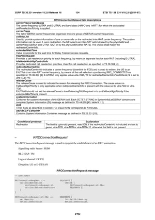 3GPP TS 36.331 version 10.2.0 Release 10                    134                        ETSI TS 136 331 V10.2.0 (2011-07)


                                        RRCConnectionRelease field descriptions
 carrierFreq or bandClass
 The carrier frequency (UTRA and E-UTRA) and band class (HRPD and 1xRTT) for which the associated
 cellReselectionPriority is applied.
 carrierFreqs
 The list of GERAN carrier frequencies organised into one group of GERAN carrier frequencies.
 cellInfoList
 Used to provide system information of one or more cells on the redirected inter-RAT carrier frequency. The system
 information can be used if, upon redirection, the UE selects an inter-RAT cell indicated by the physCellId and
 carrierFreq (GERAN and UTRA TDD) or by the physCellId (other RATs). The choice shall match the
 redirectedCarrierInfo.
 extendedWaitTime
 Value in seconds for the wait time for Delay Tolerant access requests.
 freqPriorityListX
 Provides a cell reselection priority for each frequency, by means of separate lists for each RAT (including E-UTRA).
 idleModeMobilityControlInfo
 Provides dedicated cell reselection priorities. Used for cell reselection as specified in TS 36.304 [4].
 redirectedCarrierInfo
 The redirectedCarrierInfo indicates a carrier frequency (downlink for FDD) and is used to redirect the UE to an
 E-UTRA or an inter-RAT carrier frequency, by means of the cell selection upon leaving RRC_CONNECTED as
 specified in TS 36.304 [4]. E-UTRAN only applies value utra-TDD-r10 for redirectedCarrierInfo if cellInfoList-r9 is set to
 utra-TDD-r10.
 releaseCause
 The releaseCause is used to indicate the reason for releasing the RRC Connection. The cause value cs-
 FallbackHighPriority is only applicable when redirectedCarrierInfo is present with the value set to utra-FDD or utra-
 TDD.
 E-UTRAN should not set the releaseCause to loadBalancingTAURequired or to cs-FallbackHighPriority if the
 extendedWaitTime is present.
 systemInformation
 Container for system information of the GERAN cell. Each OCTET STRING in SystemInfoListGERAN contains one
 complete System Information (SI) message as defined in TS 44.018 [45, table 9.1.1].
 t320
 Timer T320 as described in section 7.3. Value minN corresponds to N minutes.
 utra-BCCH-Container
 Contains System Information Container message as defined in TS 25.331 [19].


  Conditional presence                                               Explanation
 Redirection                  The field is optionally present, need ON, if the redirectedCarrierInfo is included and set to
                              geran, utra-FDD, utra-TDD or utra-TDD-r10; otherwise the field is not present.



–                RRCConnectionRequest
The RRCConnectionRequest message is used to request the establishment of an RRC connection.

    Signalling radio bearer: SRB0

    RLC-SAP: TM

    Logical channel: CCCH

    Direction: UE to E-UTRAN

                                         RRCConnectionRequest message
-- ASN1START

RRCConnectionRequest ::=                    SEQUENCE {
    criticalExtensions                          CHOICE {
        rrcConnectionRequest-r8                     RRCConnectionRequest-r8-IEs,
        criticalExtensionsFuture                    SEQUENCE {}
    }
}

RRCConnectionRequest-r8-IEs ::=             SEQUENCE {
    ue-Identity                                 InitialUE-Identity,
    establishmentCause                          EstablishmentCause,




                                                           ETSI
 