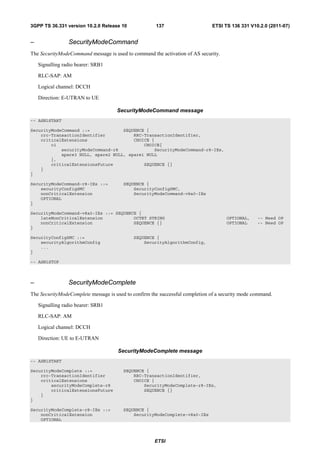 3GPP TS 36.331 version 10.2.0 Release 10              137                     ETSI TS 136 331 V10.2.0 (2011-07)


–                SecurityModeCommand
The SecurityModeCommand message is used to command the activation of AS security.

    Signalling radio bearer: SRB1

    RLC-SAP: AM

    Logical channel: DCCH

    Direction: E-UTRAN to UE

                                     SecurityModeCommand message
-- ASN1START

SecurityModeCommand ::=             SEQUENCE {
    rrc-TransactionIdentifier           RRC-TransactionIdentifier,
    criticalExtensions                  CHOICE {
        c1                                  CHOICE{
            securityModeCommand-r8              SecurityModeCommand-r8-IEs,
            spare3 NULL, spare2 NULL, spare1 NULL
        },
        criticalExtensionsFuture            SEQUENCE {}
    }
}

SecurityModeCommand-r8-IEs ::=          SEQUENCE {
    securityConfigSMC                       SecurityConfigSMC,
    nonCriticalExtension                    SecurityModeCommand-v8a0-IEs
    OPTIONAL
}

SecurityModeCommand-v8a0-IEs ::= SEQUENCE {
    lateNonCriticalExtension            OCTET STRING                                 OPTIONAL,    -- Need OP
    nonCriticalExtension                SEQUENCE {}                                  OPTIONAL     -- Need OP
}

SecurityConfigSMC ::=                       SEQUENCE {
    securityAlgorithmConfig                     SecurityAlgorithmConfig,
    ...
}

-- ASN1STOP



–                SecurityModeComplete
The SecurityModeComplete message is used to confirm the successful completion of a security mode command.

    Signalling radio bearer: SRB1

    RLC-SAP: AM

    Logical channel: DCCH

    Direction: UE to E-UTRAN

                                     SecurityModeComplete message
-- ASN1START

SecurityModeComplete ::=                SEQUENCE {
    rrc-TransactionIdentifier               RRC-TransactionIdentifier,
    criticalExtensions                      CHOICE {
        securityModeComplete-r8                 SecurityModeComplete-r8-IEs,
        criticalExtensionsFuture                SEQUENCE {}
    }
}

SecurityModeComplete-r8-IEs ::=         SEQUENCE {
    nonCriticalExtension                    SecurityModeComplete-v8a0-IEs
    OPTIONAL




                                                     ETSI
 