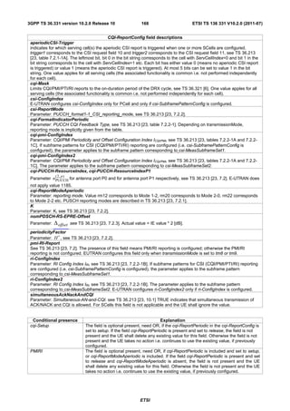 3GPP TS 36.331 version 10.2.0 Release 10                      166                        ETSI TS 136 331 V10.2.0 (2011-07)


                                             CQI-ReportConfig field descriptions
 aperiodicCSI-Trigger
 indicates for which serving cell(s) the aperiodic CSI report is triggered when one or more SCells are configured.
 trigger1 corresponds to the CSI request field 10 and trigger2 corresponds to the CSI request field 11, see TS 36.213
 [23, table 7.2.1-1A]. The leftmost bit, bit 0 in the bit string corresponds to the cell with ServCellIndex=0 and bit 1 in the
 bit string corresponds to the cell with ServCellIndex=1 etc. Each bit has either value 0 (means no aperiodic CSI report
 is triggered) or value 1 (means the aperiodic CSI report is triggered). At most 5 bits can be set to value 1 in the bit
 string. One value apples for all serving cells (the associated functionality is common i.e. not performed independently
 for each cell).
 cqi-Mask
 Limits CQI/PMI/PTI/RI reports to the on-duration period of the DRX cycle, see TS 36.321 [6]. One value apples for all
 serving cells (the associated functionality is common i.e. not performed independently for each cell).
 csi-ConfigIndex
 E-UTRAN configures csi-ConfigIndex only for PCell and only if csi-SubframePatternConfig is configured.
 csi-ReportMode
 Parameter: PUCCH_format1-1_CSI_reporting_mode, see TS 36.213 [23, 7.2.2].
 cqi-FormatIndicatorPeriodic
 Parameter: PUCCH CQI Feedback Type, see TS 36.213 [23, table 7.2.2-1]. Depending on transmissionMode,
 reporting mode is implicitly given from the table.
 cqi-pmi-ConfigIndex
 Parameter: CQI/PMI Periodicity and Offset Configuration Index ICQI/PMI, see TS 36.213 [23, tables 7.2.2-1A and 7.2.2-
 1C]. If subframe patterns for CSI (CQI/PMI/PTI/RI) reporting are configured (i.e. csi-SubframePatternConfig is
 configured), the parameter applies to the subframe pattern corresponding to csi-MeasSubframeSet1.
 cqi-pmi-ConfigIndex2
 Parameter: CQI/PMI Periodicity and Offset Configuration Index ICQI/PMI, see TS 36.213 [23, tables 7.2.2-1A and 7.2.2-
 1C]. The parameter applies to the subframe pattern corresponding to csi-MeasSubframeSet2.
 cqi-PUCCH-ResourceIndex, cqi-PUCCH-ResourceIndexP1
              ( 2, p )
 Parameter n PUCCH for antenna port P0 and for antenna port P1 respectively, see TS 36.213 [23, 7.2]. E-UTRAN does
 not apply value 1185.
 cqi-ReportModeAperiodic
 Parameter: reporting mode. Value rm12 corresponds to Mode 1-2, rm20 corresponds to Mode 2-0, rm22 corresponds
 to Mode 2-2 etc. PUSCH reporting modes are described in TS 36.213 [23, 7.2.1].
 K
 Parameter: K, see TS 36.213 [23, 7.2.2].
 nomPDSCH-RS-EPRE-Offset
 Parameter:   Δ offset   see TS 36.213 [23, 7.2.3]. Actual value = IE value * 2 [dB].

 periodicityFactor
 Parameter: H ′ , see TS 36.213 [23, 7.2.2].
 pmi-RI-Report
 See TS 36.213 [23, 7.2]. The presence of this field means PMI/RI reporting is configured; otherwise the PMI/RI
 reporting is not configured. EUTRAN configures this field only when transmissionMode is set to tm8 or tm9.
 ri-ConfigIndex
 Parameter: RI Config Index IRI, see TS 36.213 [23, 7.2.2-1B]. If subframe patterns for CSI (CQI/PMI/PTI/RI) reporting
 are configured (i.e. csi-SubframePatternConfig is configured), the parameter applies to the subframe pattern
 corresponding to csi-MeasSubframeSet1.
 ri-ConfigIndex2
 Parameter: RI Config Index IRI, see TS 36.213 [23, 7.2.2-1B]. The parameter applies to the subframe pattern
 corresponding to csi-MeasSubframeSet2. E-UTRAN configures ri-ConfigIndex2 only if ri-ConfigIndex is configured.
 simultaneousAckNackAndCQI
 Parameter: Simultaneous-AN-and-CQI. see TS 36.213 [23, 10.1] TRUE indicates that simultaneous transmission of
 ACK/NACK and CQI is allowed. For SCells this field is not applicable and the UE shall ignore the value.


  Conditional presence                                                     Explanation
 cqi-Setup                       The field is optional present, need OR, if the cqi-ReportPeriodic in the cqi-ReportConfig is
                                 set to setup. If the field cqi-ReportPeriodic is present and set to release, the field is not
                                 present and the UE shall delete any existing value for this field. Otherwise the field is not
                                 present and the UE takes no action i.e. continues to use the existing value, if previously
                                 configured.
 PMIRI                           The field is optional present, need OR, if cqi-ReportPeriodic is included and set to setup,
                                 or cqi-ReportModeAperiodic is included. If the field cqi-ReportPeriodic is present and set
                                 to release and cqi-ReportModeAperiodic is absent, the field is not present and the UE
                                 shall delete any existing value for this field. Otherwise the field is not present and the UE
                                 takes no action i.e. continues to use the existing value, if previously configured.




                                                              ETSI
 