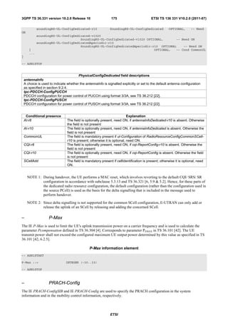 3GPP TS 36.331 version 10.2.0 Release 10                       175                         ETSI TS 136 331 V10.2.0 (2011-07)

              soundingRS-UL-ConfigDedicated-r10               SoundingRS-UL-ConfigDedicated            OPTIONAL,      -- Need
ON
              soundingRS-UL-ConfigDedicated-v1020
                                      SoundingRS-UL-ConfigDedicated-v1020 OPTIONAL,      -- Need ON
              soundingRS-UL-ConfigDedicatedAperiodic-r10
                                      SoundingRS-UL-ConfigDedicatedAperiodic-r10 OPTIONAL    -- Need ON
       }                                                                      OPTIONAL,  -- Cond CommonUL
       ...
}

-- ASN1STOP


                                        PhysicalConfigDedicated field descriptions
    antennaInfo
    A choice is used to indicate whether the antennaInfo is signalled explicitly or set to the default antenna configuration
    as specified in section 9.2.4.
    tpc-PDCCH-ConfigPUCCH
    PDCCH configuration for power control of PUCCH using format 3/3A, see TS 36.212 [22].
    tpc-PDCCH-ConfigPUSCH
    PDCCH configuration for power control of PUSCH using format 3/3A, see TS 36.212 [22].


     Conditional presence                                                  Explanation
    AI-r8                        The field is optionally present, need ON, if antennaInfoDedicated-r10 is absent. Otherwise
                                 the field is not present
    AI-r10                       The field is optionally present, need ON, if antennaInfoDedicated is absent. Otherwise the
                                 field is not present
    CommonUL                     The field is mandatory present if ul-Configuration of RadioResourceConfigCommonSCell-
                                 r10 is present; otherwise it is optional, need ON.
    CQI-r8                       The field is optionally present, need ON, if cqi-ReportConfig-r10 is absent. Otherwise the
                                 field is not present
    CQI-r10                      The field is optionally present, need ON, if cqi-ReportConfig is absent. Otherwise the field
                                 is not present
    SCellAdd                     The field is mandatory present if cellIdentification is present; otherwise it is optional, need
                                 ON.


      NOTE 1: During handover, the UE performs a MAC reset, which involves reverting to the default CQI/ SRS/ SR
              configuration in accordance with subclause 5.3.13 and TS 36.321 [6, 5.9 & 5.2]. Hence, for these parts of
              the dedicated radio resource configuration, the default configuration (rather than the configuration used in
              the source PCell) is used as the basis for the delta signalling that is included in the message used to
              perform handover.

      NOTE 2: Since delta signalling is not supported for the common SCell configuration, E-UTRAN can only add or
              release the uplink of an SCell by releasing and adding the concerned SCell.

–                    P-Max
The IE P-Max is used to limit the UE's uplink transmission power on a carrier frequency and is used to calculate the
parameter Pcompensation defined in TS 36.304 [4]. Corresponds to parameter PEMAX in TS 36.101 [42]. The UE
transmit power shall not exceed the configured maximum UE output power determined by this value as specified in TS
36.101 [42, 6.2.5].

                                                P-Max information element
-- ASN1START

P-Max ::=                       INTEGER (-30..33)

-- ASN1STOP



–                    PRACH-Config
The IE PRACH-ConfigSIB and IE PRACH-Config are used to specify the PRACH configuration in the system
information and in the mobility control information, respectively.



                                                              ETSI
 