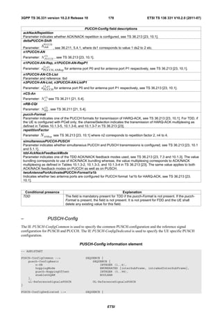 3GPP TS 36.331 version 10.2.0 Release 10                       178                       ETSI TS 136 331 V10.2.0 (2011-07)


                                      PUCCH-Config field descriptions
 ackNackRepetition
 Parameter indicates whether ACK/NACK repetition is configured, see TS 36.213 [23, 10.1].
 deltaPUCCH-Shift
             ΔPUCCH
 Parameter: shift         , see 36.211, 5.4.1, where ds1 corresponds to value 1 ds2 to 2 etc.
 n1PUCCH-AN
                (1)
 Parameter: N PUCCH , see TS 36.213 [23, 10.1].
 n1PUCCH-AN-Rep, n1PUCCH-AN-RepP1
               (1, p )
 Parameter: nPUCCH, ANRep for antenna port P0 and for antenna port P1 respectively, see TS 36.213 [23, 10.1].
 n1PUCCH-AN-CS-List
 Parameter and reference: tbd
 n3PUCCH-AN-List, n3PUCCH-AN-ListP1
               ( 3, p )
 Parameter: nPUCCH for antenna port P0 and for antenna port P1 respectively, see TS 36.213 [23, 10.1].
 nCS-An
 Parameter: N cs) see TS 36.211 [21, 5.4].
              (1

 nRB-CQI
                (2)
 Parameter: N RB , see TS 36.211 [21, 5.4].
 pucch-Format
 Parameter indicates one of the PUCCH formats for transmission of HARQ-ACK, see TS 36.213 [23, 10.1]. For TDD, if
 the UE is configured with PCell only, the channelSelection indicates the transmission of HARQ-ACK multiplexing as
 defined in Tables 10.1.3-5, 10.1.3-6, and 10.1.3-7 in TS 36.213 [23].
 repetitionFactor
 Parameter   N ANRep      see TS 36.213 [23, 10.1] where n2 corresponds to repetition factor 2, n4 to 4.
 simultaneousPUCCH-PUSCH
 Parameter indicates whether simultaneous PUCCH and PUSCH transmissions is configured, see TS 36.213 [23, 10.1
 and 5.1.1].
 tdd-AckNackFeedbackMode
 Parameter indicates one of the TDD ACK/NACK feedback modes used, see TS 36.213 [23, 7.3 and 10.1.3]. The value
 bundling corresponds to use of ACK/NACK bundling whereas, the value multiplexing corresponds to ACK/NACK
 multiplexing as defined in Tables 10.1.3-2, 10.1.3-3, and 10.1.3-4 in TS 36.213 [23]. The same value applies to both
 ACK/NACK feedback modes on PUCCH as well as on PUSCH.
 twoAntennaPortActivatedPUCCH-Format1a1b
 Indicates whether two antenna ports are configured for PUCCH format 1a/1b for HARQ-ACK, see TS 36.213 [23,
 10.1].


  Conditional presence                                                      Explanation
 TDD                              The field is mandatory present for TDD if the pucch-Format is not present. If the pucch-
                                  Format is present, the field is not present. It is not present for FDD and the UE shall
                                  delete any existing value for this field.



–                     PUSCH-Config
The IE PUSCH-ConfigCommon is used to specify the common PUSCH configuration and the reference signal
configuration for PUSCH and PUCCH. The IE PUSCH-ConfigDedicated is used to specify the UE specific PUSCH
configuration.

                                           PUSCH-Config information element
-- ASN1START

PUSCH-ConfigCommon ::=                         SEQUENCE {
    pusch-ConfigBasic                              SEQUENCE {
        n-SB                                           INTEGER (1..4),
        hoppingMode                                    ENUMERATED {interSubFrame, intraAndInterSubFrame},
        pusch-HoppingOffset                            INTEGER (0..98),
        enable64QAM                                    BOOLEAN
    },
    ul-ReferenceSignalsPUSCH                        UL-ReferenceSignalsPUSCH
}

PUSCH-ConfigDedicated ::=                      SEQUENCE {



                                                              ETSI
 