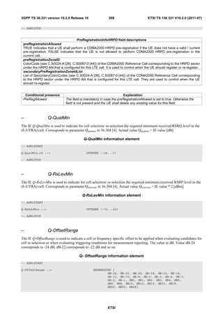 3GPP TS 36.331 version 10.2.0 Release 10                   208                        ETSI TS 136 331 V10.2.0 (2011-07)

-- ASN1STOP


                                    PreRegistrationInfoHRPD field descriptions
 preRegistrationAllowed
 TRUE indicates that a UE shall perform a CDMA2000 HRPD pre-registration if the UE does not have a valid / current
 pre-registration. FALSE indicates that the UE is not allowed to perform CDMA2000 HRPD pre-registration in the
 current cell.
 preRegistrationZoneID
 ColorCode (see C.S0024-A [26], C.S0087-0 [44]) of the CDMA2000 Reference Cell corresponding to the HRPD sector
 under the HRPD AN that is configured for this LTE cell. It is used to control when the UE should register or re-register.
 secondaryPreRegistrationZoneIdList
 List of SecondaryColorCodes (see C.S0024-A [26], C.S0087-0 [44]) of the CDMA2000 Reference Cell corresponding
 to the HRPD sector under the HRPD AN that is configured for this LTE cell. They are used to control when the UE
 should re-register.


  Conditional presence                                                Explanation
 PreRegAllowed                The field is mandatory in case the preRegistrationAllowed is set to true. Otherwise the
                              field is not present and the UE shall delete any existing value for this field.



–                Q-QualMin
The IE Q-QualMin is used to indicate for cell selection/ re-selection the required minimum received RSRQ level in the
(E-UTRA) cell. Corresponds to parameter Qqualmin in 36.304 [4]. Actual value Qqualmin = IE value [dB].

                                          Q-QualMin information element
-- ASN1START

Q-QualMin-r9 ::=                           INTEGER (-34..-3)

-- ASN1STOP



–                Q-RxLevMin
The IE Q-RxLevMin is used to indicate for cell selection/ re-selection the required minimum received RSRP level in the
(E-UTRA) cell. Corresponds to parameter Qrxlevmin in 36.304 [4]. Actual value Qrxlevmin = IE value * 2 [dBm].

                                         Q-RxLevMin information element
-- ASN1START

Q-RxLevMin ::=                             INTEGER (-70..-22)

-- ASN1STOP



–                Q-OffsetRange
The IE Q-OffsetRange is used to indicate a cell or frequency specific offset to be applied when evaluating candidates for
cell re-selection or when evaluating triggering conditions for measurement reporting. The value in dB. Value dB-24
corresponds to -24 dB, dB-22 corresponds to -22 dB and so on.

                                       Q- OffsetRange information element
-- ASN1START

Q-OffsetRange ::=                               ENUMERATED {
                                                        dB-24, dB-22, dB-20, dB-18, dB-16, dB-14,
                                                        dB-12, dB-10, dB-8, dB-6, dB-5, dB-4, dB-3,
                                                        dB-2, dB-1, dB0, dB1, dB2, dB3, dB4, dB5,
                                                        dB6, dB8, dB10, dB12, dB14, dB16, dB18,
                                                        dB20, dB22, dB24}




                                                          ETSI
 