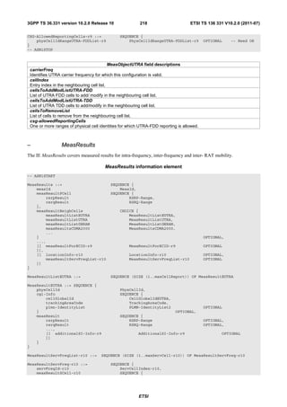 3GPP TS 36.331 version 10.2.0 Release 10                 218                       ETSI TS 136 331 V10.2.0 (2011-07)

CSG-AllowedReportingCells-r9 ::=               SEQUENCE {
    physCellIdRangeUTRA-FDDList-r9                 PhysCellIdRangeUTRA-FDDList-r9          OPTIONAL    -- Need OR
}
-- ASN1STOP


                                            MeasObjectUTRA field descriptions
 carrierFreq
 Identifies UTRA carrier frequency for which this configuration is valid.
 cellIndex
 Entry index in the neighbouring cell list.
 cellsToAddModListUTRA-FDD
 List of UTRA FDD cells to add/ modify in the neighbouring cell list.
 cellsToAddModListUTRA-TDD
 List of UTRA TDD cells to add/modify in the neighbouring cell list.
 cellsToRemoveList
 List of cells to remove from the neighbouring cell list.
 csg-allowedReportingCells
 One or more ranges of physical cell identities for which UTRA-FDD reporting is allowed.



–                MeasResults
The IE MeasResults covers measured results for intra-frequency, inter-frequency and inter- RAT mobility.

                                       MeasResults information element
-- ASN1START

MeasResults ::=                           SEQUENCE {
    measId                                    MeasId,
    measResultPCell                       SEQUENCE {
        rsrpResult                                RSRP-Range,
        rsrqResult                                RSRQ-Range
    },
    measResultNeighCells                       CHOICE {
        measResultListEUTRA                        MeasResultListEUTRA,
        measResultListUTRA                         MeasResultListUTRA,
        measResultListGERAN                        MeasResultListGERAN,
        measResultsCDMA2000                        MeasResultsCDMA2000,
        ...
    }                                                                                      OPTIONAL,
    ...,
    [[ measResultForECID-r9                         MeasResultForECID-r9                   OPTIONAL
    ]],
    [[ locationInfo-r10                             LocationInfo-r10                       OPTIONAL,
        measResultServFreqList-r10                  MeasResultServFreqList-r10             OPTIONAL
    ]]
}

MeasResultListEUTRA ::=                   SEQUENCE (SIZE (1..maxCellReport)) OF MeasResultEUTRA

MeasResultEUTRA ::= SEQUENCE {
    physCellId                                 PhysCellId,
    cgi-Info                                   SEQUENCE {
        cellGlobalId                               CellGlobalIdEUTRA,
        trackingAreaCode                           TrackingAreaCode,
        plmn-IdentityList                          PLMN-IdentityList2                      OPTIONAL
    }                                                                       OPTIONAL,
    measResult                                 SEQUENCE {
        rsrpResult                                 RSRP-Range                              OPTIONAL,
        rsrqResult                                 RSRQ-Range                              OPTIONAL,
        ...,
        [[ additionalSI-Info-r9                          AdditionalSI-Info-r9                     OPTIONAL
        ]]
    }
}

MeasResultServFreqList-r10 ::=       SEQUENCE (SIZE (1..maxServCell-r10)) OF MeasResultServFreq-r10

MeasResultServFreq-r10 ::=                SEQUENCE {
    servFreqId-r10                            ServCellIndex-r10,
    measResultSCell-r10                       SEQUENCE {




                                                         ETSI
 