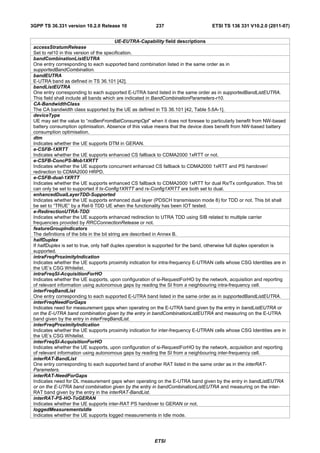 3GPP TS 36.331 version 10.2.0 Release 10                  237                       ETSI TS 136 331 V10.2.0 (2011-07)


                                            UE-EUTRA-Capability field descriptions
 accessStratumRelease
 Set to rel10 in this version of the specification.
 bandCombinationListEUTRA
 One entry corresponding to each supported band combination listed in the same order as in
 supportedBandCombination.
 bandEUTRA
 E-UTRA band as defined in TS 36.101 [42].
 bandListEUTRA
 One entry corresponding to each supported E-UTRA band listed in the same order as in supportedBandListEUTRA.
 This field shall include all bands which are indicated in BandCombinationParameters-r10.
 CA-BandwidthClass
 The CA bandwidth class supported by the UE as defined in TS 36.101 [42, Table 5.6A-1].
 deviceType
 UE may set the value to “noBenFromBatConsumpOpt” when it does not foresee to particularly benefit from NW-based
 battery consumption optimisation. Absence of this value means that the device does benefit from NW-based battery
 consumption optimisation.
 dtm
 Indicates whether the UE supports DTM in GERAN.
 e-CSFB-1XRTT
 Indicates whether the UE supports enhanced CS fallback to CDMA2000 1xRTT or not.
 e-CSFB-ConcPS-Mob1XRTT
 Indicates whether the UE supports concurrent enhanced CS fallback to CDMA2000 1xRTT and PS handover/
 redirection to CDMA2000 HRPD.
 e-CSFB-dual-1XRTT
 Indicates whether the UE supports enhanced CS fallback to CDMA2000 1xRTT for dual Rx/Tx configuration. This bit
 can only be set to supported if tx-Config1XRTT and rx-Config1XRTT are both set to dual.
 enhancedDualLayerTDD-Supported
 Indicates whether the UE supports enhanced dual layer (PDSCH transmission mode 8) for TDD or not. This bit shall
 be set to “TRUE” by a Rel-9 TDD UE when the functionality has been IOT tested.
 e-RedirectionUTRA-TDD
 Indicates whether the UE supports enhanced redirection to UTRA TDD using SIB related to multiple carrier
 frequencies provided by RRCConnectionRelease or not.
 featureGroupIndicators
 The definitions of the bits in the bit string are described in Annex B.
 halfDuplex
 If halfDuplex is set to true, only half duplex operation is supported for the band, otherwise full duplex operation is
 supported.
 intraFreqProximityIndication
 Indicates whether the UE supports proximity indication for intra-frequency E-UTRAN cells whose CSG Identities are in
 the UE’s CSG Whitelist.
 intraFreqSI-AcquisitionForHO
 Indicates whether the UE supports, upon configuration of si-RequestForHO by the network, acquisition and reporting
 of relevant information using autonomous gaps by reading the SI from a neighbouring intra-frequency cell.
 interFreqBandList
 One entry corresponding to each supported E-UTRA band listed in the same order as in supportedBandListEUTRA.
 interFreqNeedForGaps
 Indicates need for measurement gaps when operating on the E-UTRA band given by the entry in bandListEUTRA or
 on the E-UTRA band combination given by the entry in bandCombinationListEUTRA and measuring on the E-UTRA
 band given by the entry in interFreqBandList.
 interFreqProximityIndication
 Indicates whether the UE supports proximity indication for inter-frequency E-UTRAN cells whose CSG Identities are in
 the UE’s CSG Whitelist.
 interFreqSI-AcquisitionForHO
 Indicates whether the UE supports, upon configuration of si-RequestForHO by the network, acquisition and reporting
 of relevant information using autonomous gaps by reading the SI from a neighbouring inter-frequency cell.
 interRAT-BandList
 One entry corresponding to each supported band of another RAT listed in the same order as in the interRAT-
 Parameters.
 interRAT-NeedForGaps
 Indicates need for DL measurement gaps when operating on the E-UTRA band given by the entry in bandListEUTRA
 or on the E-UTRA band combination given by the entry in bandCombinationListEUTRA and measuring on the inter-
 RAT band given by the entry in the interRAT-BandList.
 interRAT-PS-HO-ToGERAN
 Indicates whether the UE supports inter-RAT PS handover to GERAN or not.
 loggedMeasurementsIdle
 Indicates whether the UE supports logged measurements in Idle mode.




                                                         ETSI
 