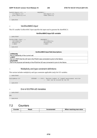 3GPP TS 36.331 version 10.2.0 Release 10                     246                         ETSI TS 136 331 V10.2.0 (2011-07)

VarRLF-Report-r10 ::=                        SEQUENCE {
    rlf-Report-r10                                   RLF-Report-r9,
    plmn-Identity-r10                                PLMN-Identity
}

-- ASN1STOP



–                 VarShortMAC-Input
The UE variable VarShortMAC-Input specifies the input used to generate the shortMAC-I.

                                           VarShortMAC-Input UE variable
-- ASN1START

VarShortMAC-Input ::=                             SEQUENCE {
    cellIdentity                                      CellIdentity,
    physCellId                                        PhysCellId,
    c-RNTI                                            C-RNTI
}
-- ASN1STOP


                                           VarShortMAC-Input field descriptions
 cellIdentity
 Set to CellIdentity of the current cell.
 c-RNTI
 Set to C-RNTI that the UE had in the PCell it was connected to prior to the failure.
 physCellId
 Set to the physical cell identity of the PCell the UE was connected to prior to the failure.



–                 Multiplicity and type constraint definitions
This section includes multiplicity and type constraints applicable (only) for UE variables.
-- ASN1START

maxLogMeas-r10                     INTEGER ::= 4060-- Maximum number of logged measurement entries
                                                   -- that can be stored by the UE

-- ASN1STOP



–                 End of EUTRA-UE-Variables
-- ASN1START

END

-- ASN1STOP




7.2           Counters
      Counter                 Reset                         Incremented                   When reaching max value




                                                            ETSI
 