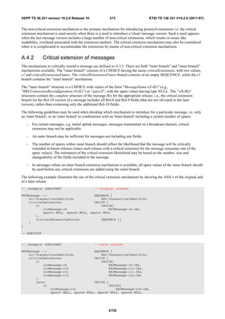 3GPP TS 36.331 version 10.2.0 Release 10                    273                         ETSI TS 136 331 V10.2.0 (2011-07)


The non-critical extension mechanism is the primary mechanism for introducing protocol extensions i.e. the critical
extension mechanism is used merely when there is a need to introduce a 'clean' message version. Such a need appears
when the last message version includes a large number of non-critical extensions, which results in issues like
readability, overhead associated with the extension markers. The critical extension mechanism may also be considered
when it is complicated to accommodate the extensions by means of non-critical extension mechanisms.


A.4.2         Critical extension of messages
The mechanisms to critically extend a message are defined in A.3.3. There are both "outer branch" and "inner branch"
mechanisms available. The "outer branch" consists of a CHOICE having the name criticalExtensions, with two values,
c1 and criticalExtensionsFuture. The criticalExtensionsFuture branch consists of an empty SEQUENCE, while the c1
branch contains the "inner branch" mechanism.

The "inner branch" structure is a CHOICE with values of the form "MessageName-rX-IEs" (e.g.,
"RRCConnectionReconfiguration-r8-IEs") or "spareX", with the spare values having type NULL. The "-rX-IEs"
structures contain the complete structure of the message IEs for the appropriate release; i.e., the critical extension
branch for the Rel-10 version of a message includes all Rel-8 and Rel-9 fields (that are not obviated in the later
version), rather than containing only the additional Rel-10 fields.

The following guidelines may be used when deciding which mechanism to introduce for a particular message, i.e. only
an 'outer branch', or an 'outer branch' in combination with an 'inner branch' including a certain number of spares:

   -   For certain messages, e.g. initial uplink messages, messages transmitted on a broadcast channel, critical
       extension may not be applicable.

   -   An outer branch may be sufficient for messages not including any fields.

   -   The number of spares within inner branch should reflect the likelihood that the message will be critically
       extended in future releases (since each release with a critical extension for the message consumes one of the
       spare values). The estimation of the critical extension likelyhood may be based on the number, size and
       changeability of the fields included in the message.

   -   In messages where an inner branch extension mechanism is available, all spare values of the inner branch should
       be used before any critical extensions are added using the outer branch.

The following example illustrates the use of the critical extension mechanism by showing the ASN.1 of the original and
of a later release
-- /example/ ASN1START                            -- Original release

RRCMessage ::=                          SEQUENCE {
    rrc-TransactionIdentifier               RRC-TransactionIdentifier,
    criticalExtensions                  CHOICE {
        c1                                  CHOICE{
            rrcMessage-r8                       RRCMessage-r8-IEs,
            spare3 NULL, spare2 NULL, spare1 NULL
        },
        criticalExtensionsFuture            SEQUENCE {}
    }
}

-- ASN1STOP


-- /example/ ASN1START                            -- Later release

RRCMessage ::=                          SEQUENCE {
    rrc-TransactionIdentifier               RRC-TransactionIdentifier,
    criticalExtensions                  CHOICE {
        c1                                  CHOICE{
            rrcMessage-r8                       RRCMessage-r8-IEs,
            rrcMessage-r10                      RRCMessage-r10-IEs,
            rrcMessage-r11                      RRCMessage-r11-IEs,
            rrcMessage-r14                      RRCMessage-r14-IEs
        },
        later                           CHOICE {
            c2                                  CHOICE{
                rrcMessage-r16                      RRCMessage-r16-IEs,
                spare7 NULL, spare6 NULL, spare5 NULL, spare4 NULL,




                                                            ETSI
 